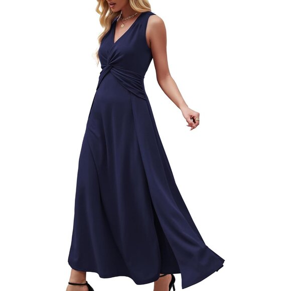 navy blue dress for baby girl Sleeveless V-neck Satin Bridesmaid Dress With Pockets In Midnight Navy main image 0
